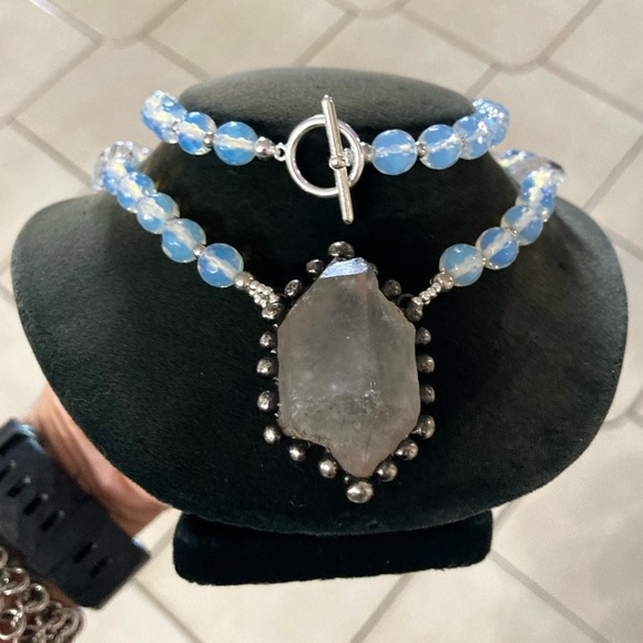 Herkimer diamond crystal quartz & iridescent blue opalite beads boho necklace - Picture 4 of 14